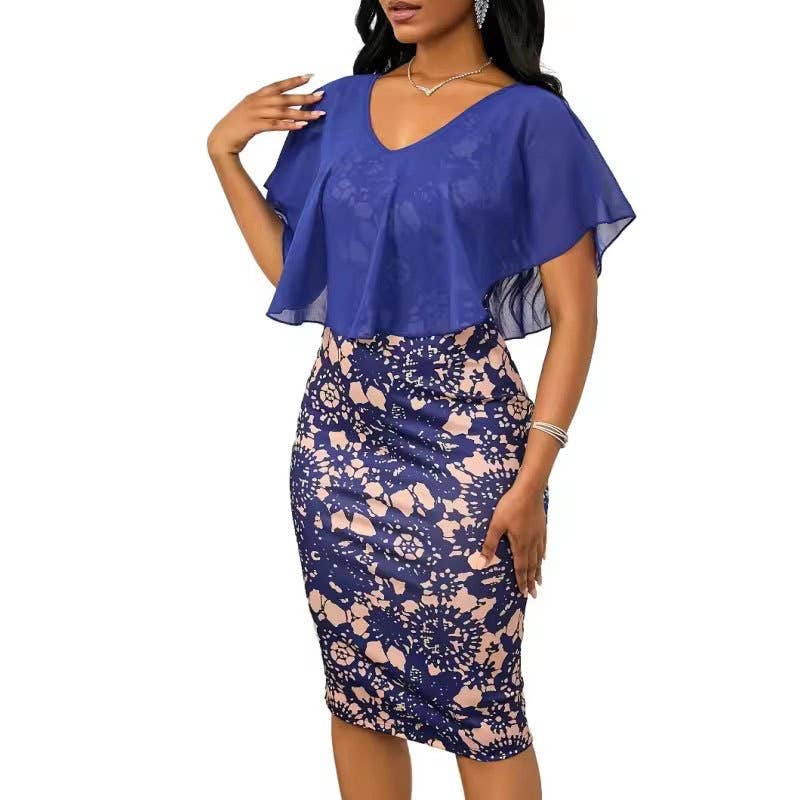 Print slim sexy mesh patchwork slit V-neck dress