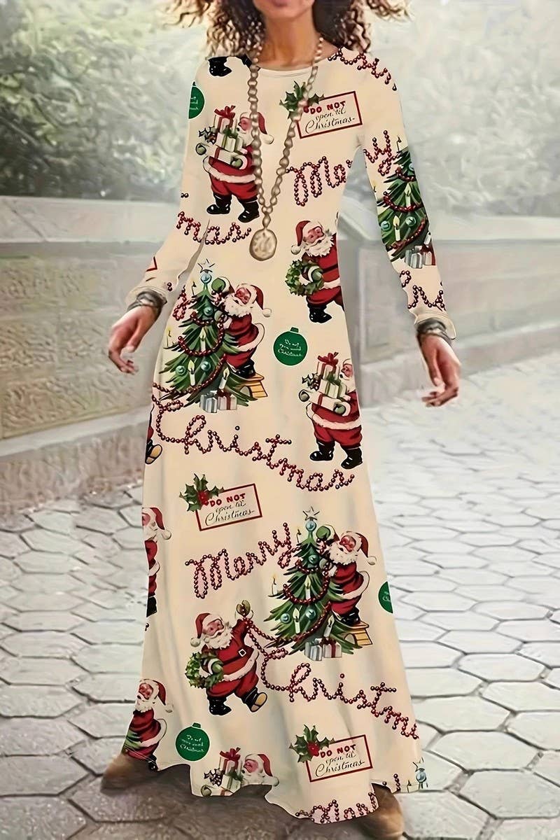 CWDMD01222_ROUND NECK LONG SLEEVE CHRISTMAS LONG DRESS