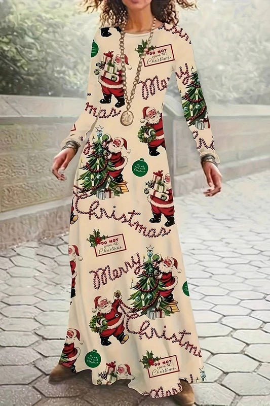 CWDMD01222_ROUND NECK LONG SLEEVE CHRISTMAS LONG DRESS