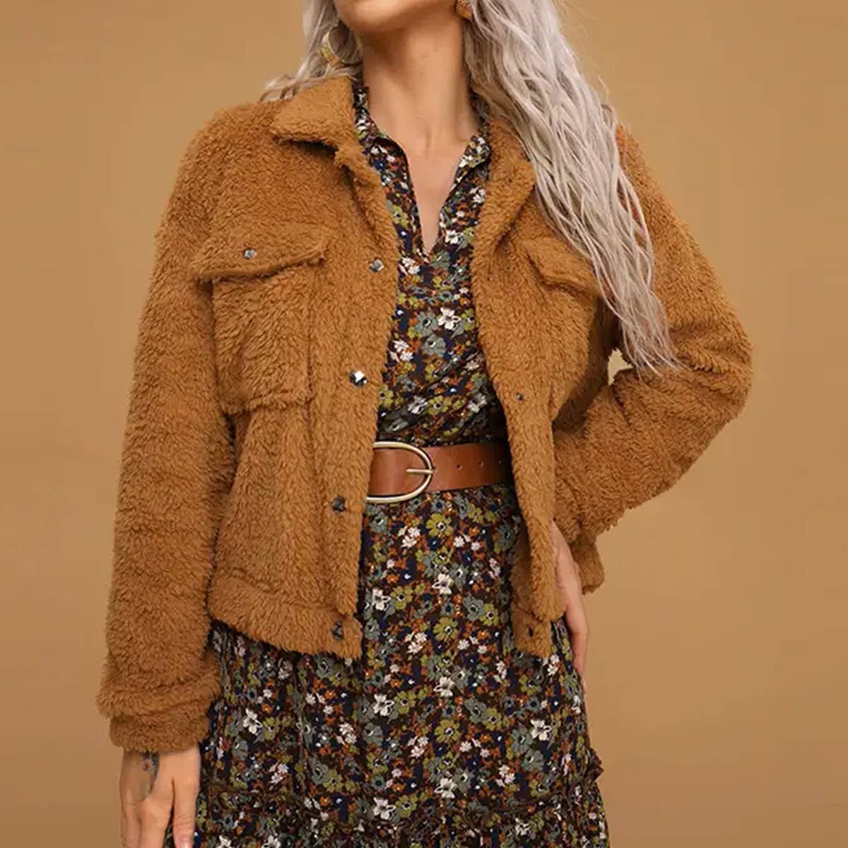 Single-breasted lapel long-sleeved furry jacket