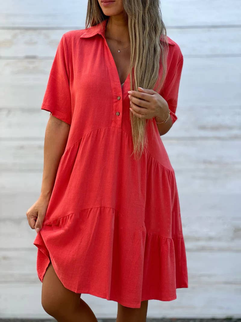 Loose solid color lapel short sleeve linen dress