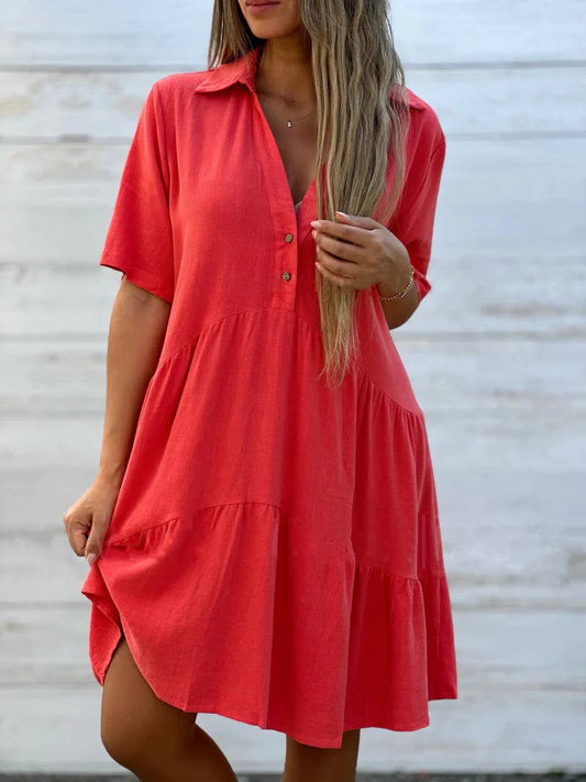 Loose solid color lapel short sleeve linen dress