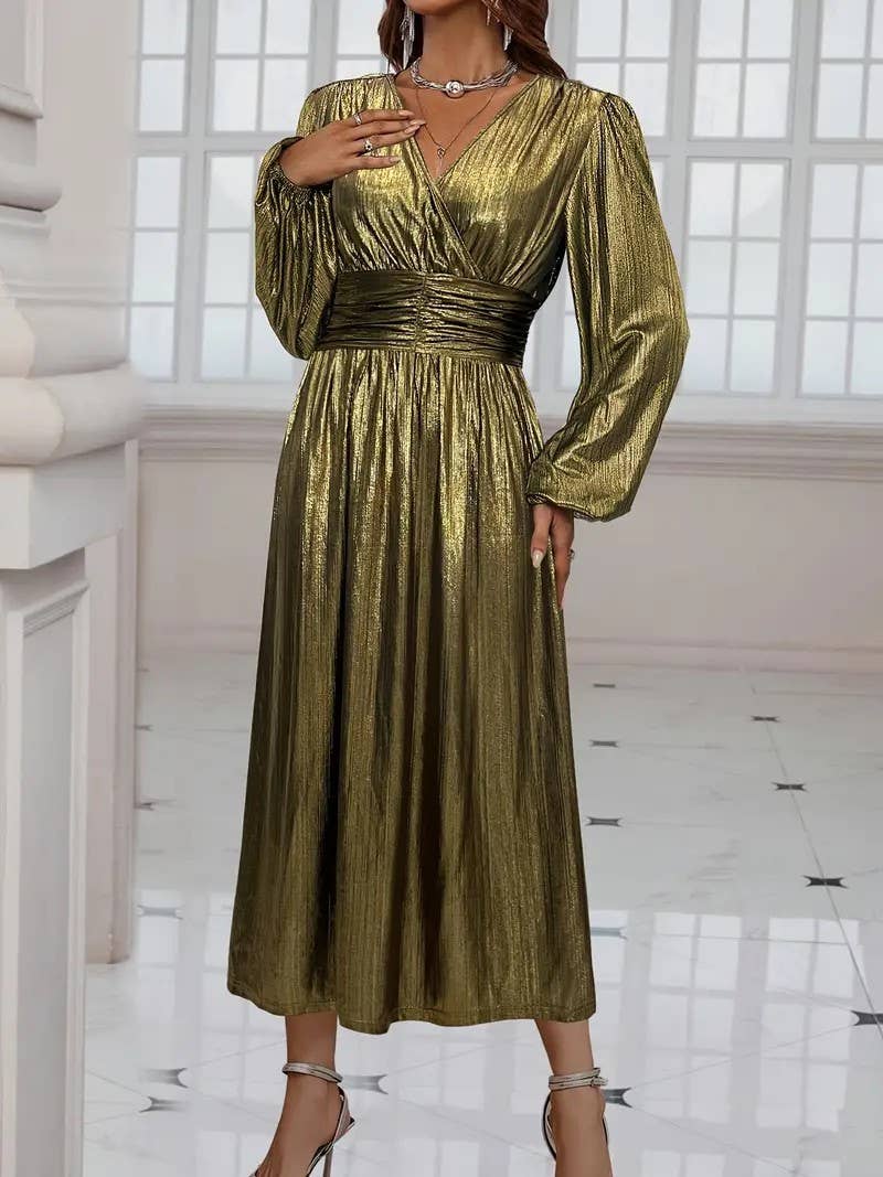 ELEGANT CROSS COLLAR LANTERN SLEEVE PLEATED DRESS