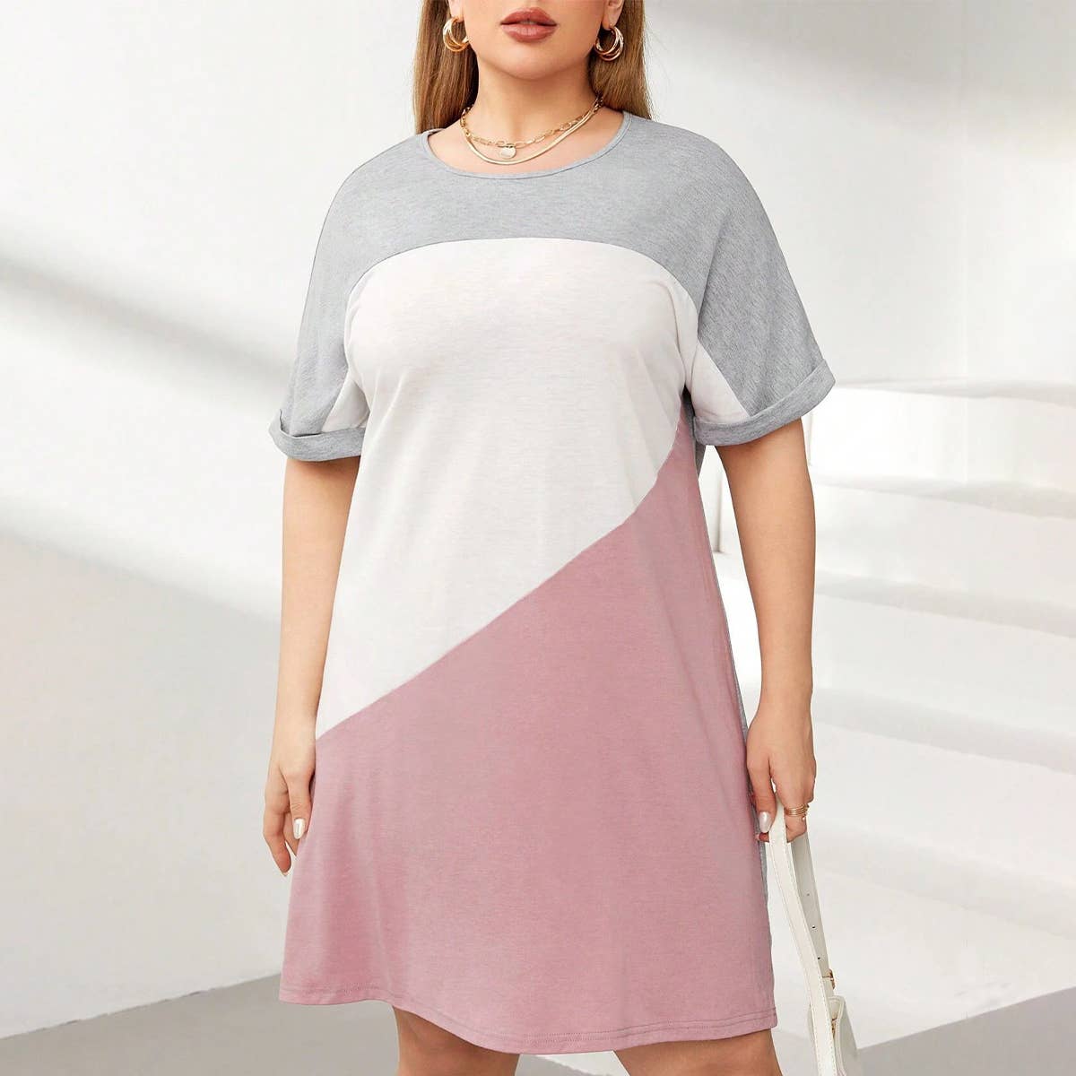 PATCHWORK CONTRASTING LOOSE SOLID COLOR DRESS