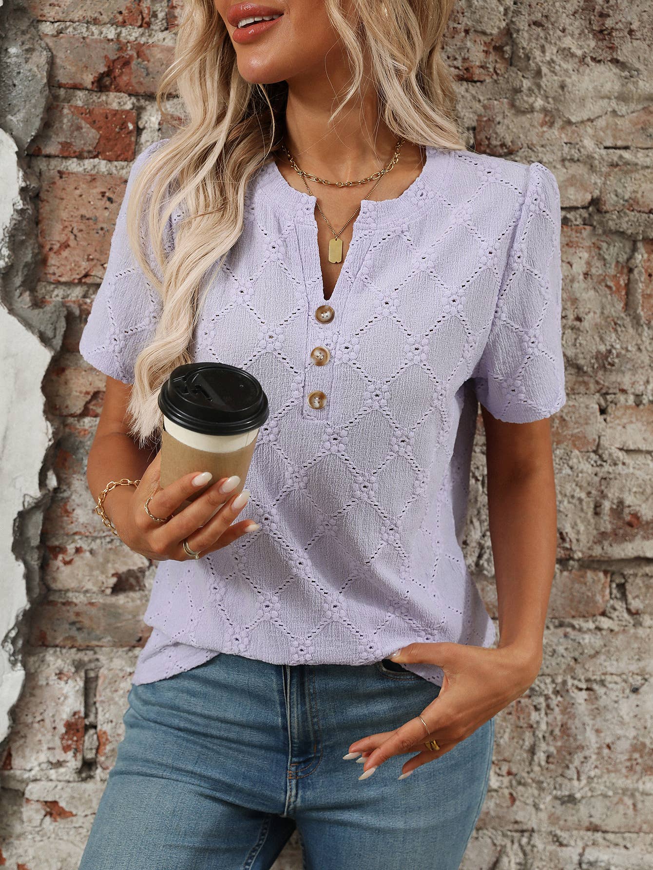 Round-neck short-sleeved floral jacquard T-shirt
