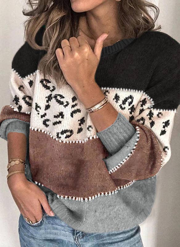 LEOPARD PRINT PATCHWORK FASHION KNIT PULLOVER