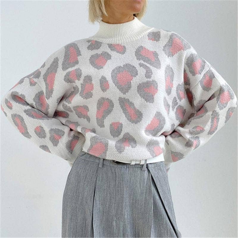 LEOPARD-PRINT HALF-TURTLENECK SWEATER LOOSE WOOL