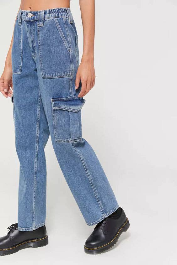 WOMEN'S CARGO MULTI-BAG STRAIGHT-LEG DENIM PANTS