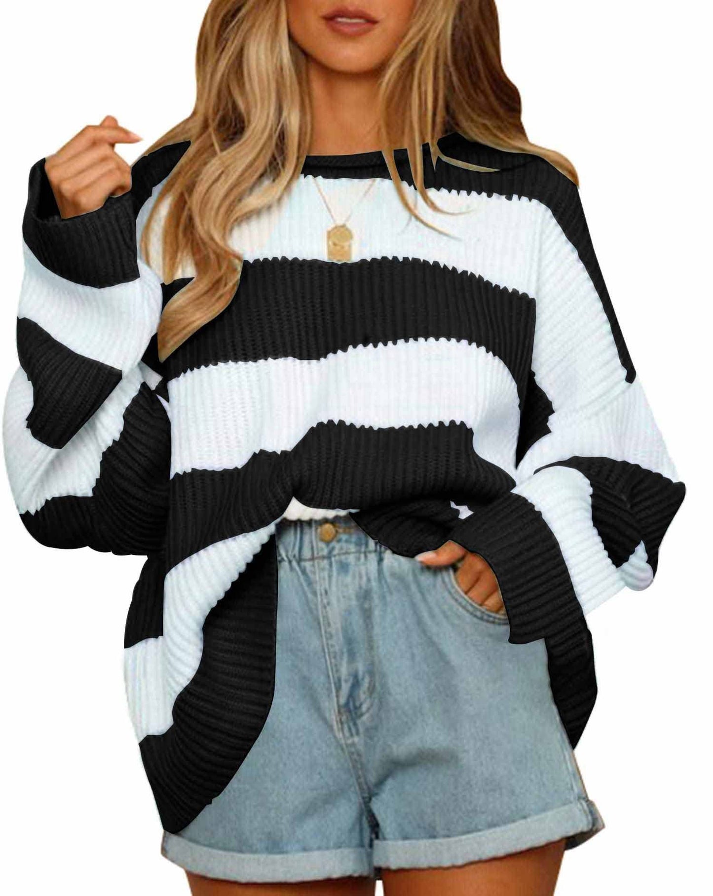 Temperament crew-neck long sleeve color striped sweater