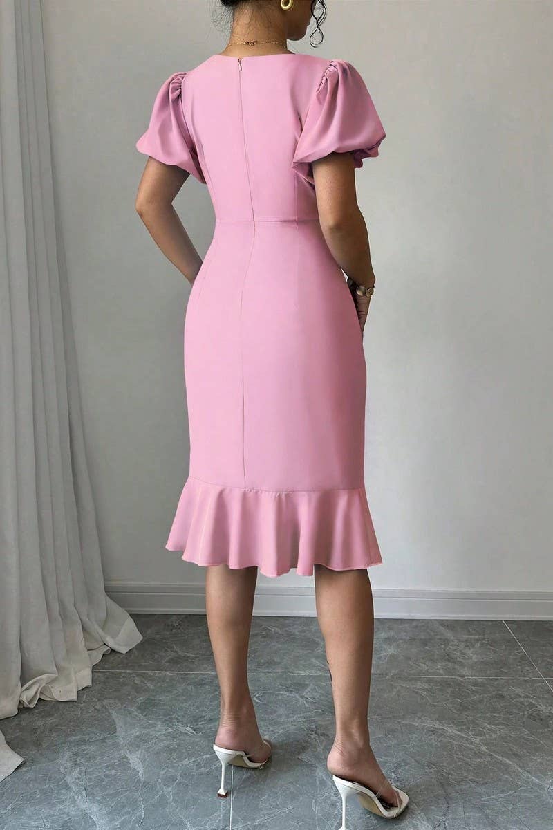 CWDSD7396_ROUND NECK LANTERN SLEEVE RUFFLED FISHTAIL DRESS