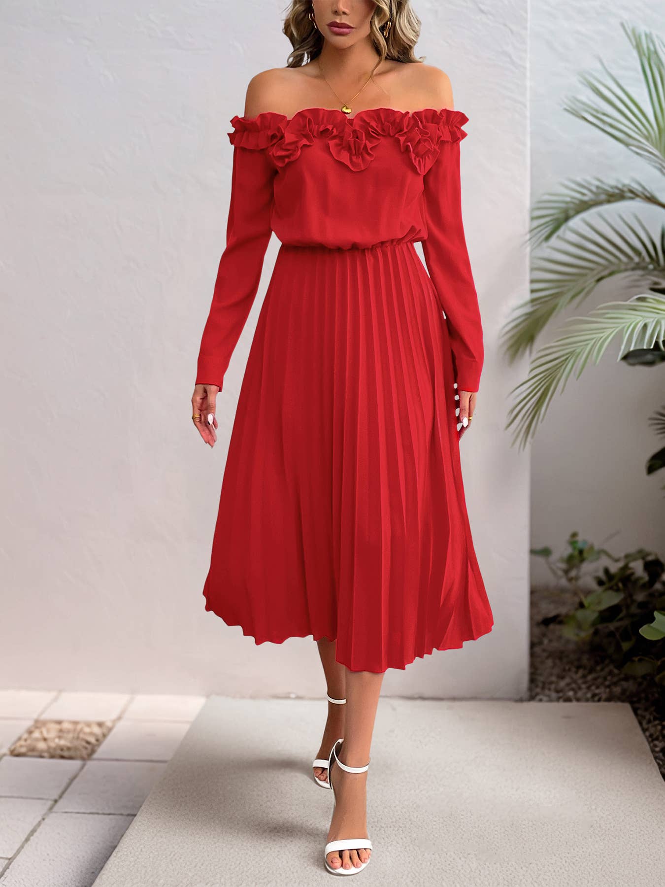 One-shoulder long-sleeved cinched waist dress