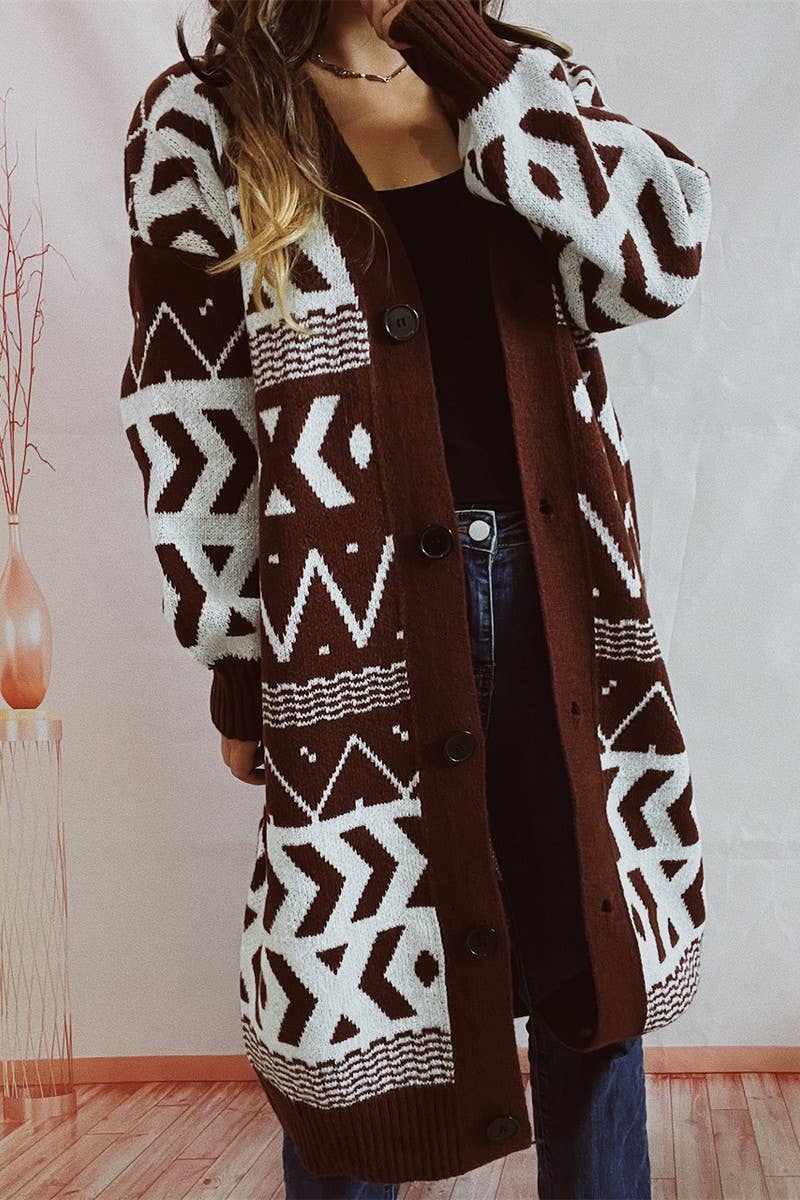 V-neck retro geometric long cardigan coat