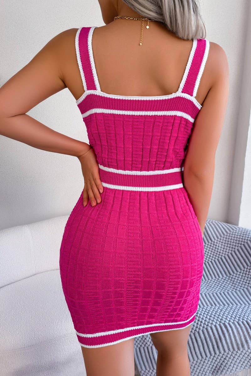 SQUARE NECK BUTTON COLLAGE KNIT HIP WRAP DRESS_CWDSD2498