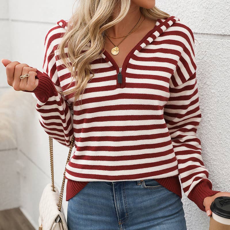 STRIPED V-NECK PULLOVER WITH ZIPPER HOODIE