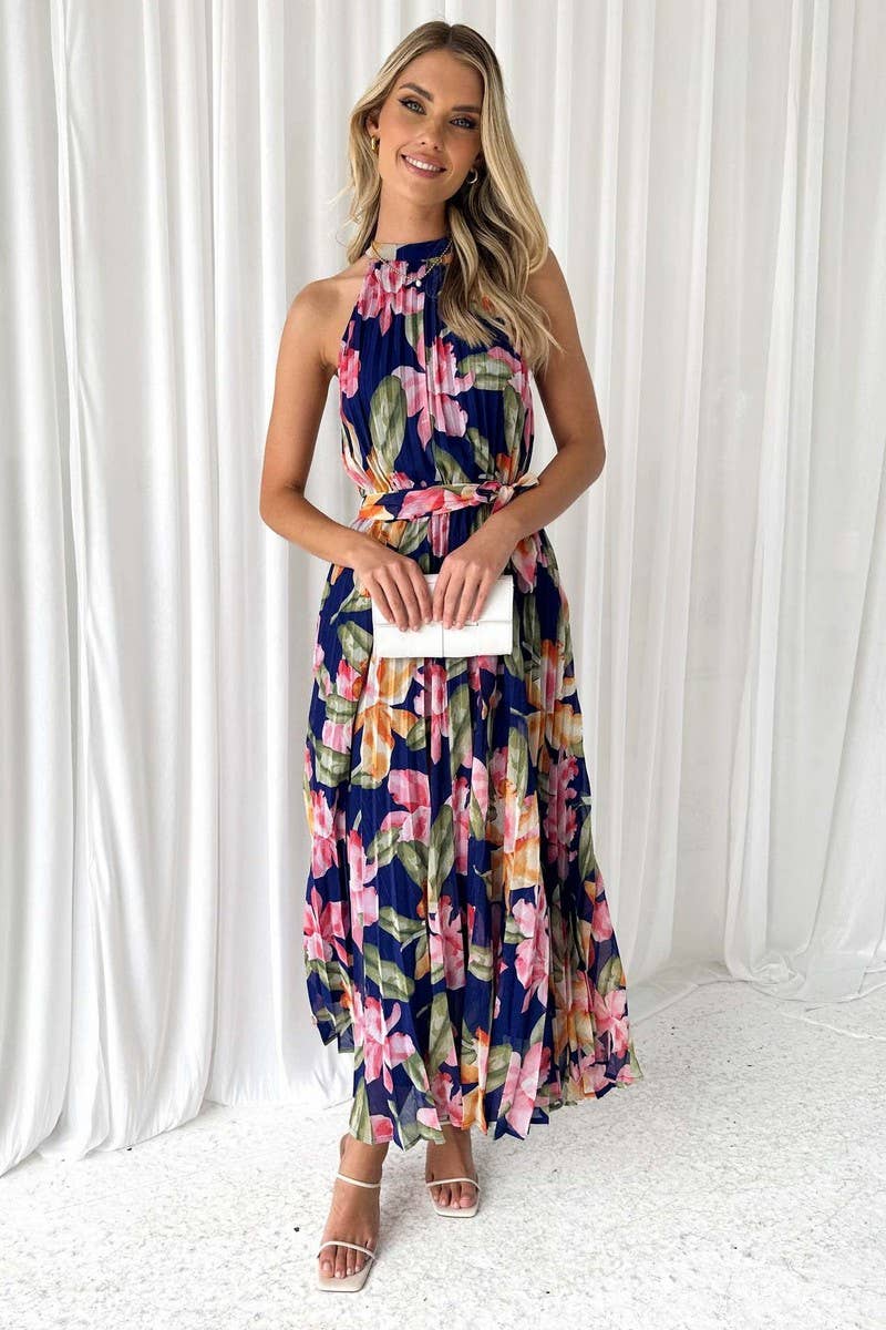 SLEEVELESS LACE UP PRINTED DRESS_CWDTD0147