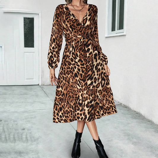 V-NECK LONG SLEEVE LEOPARD PRINT LONG DRESS