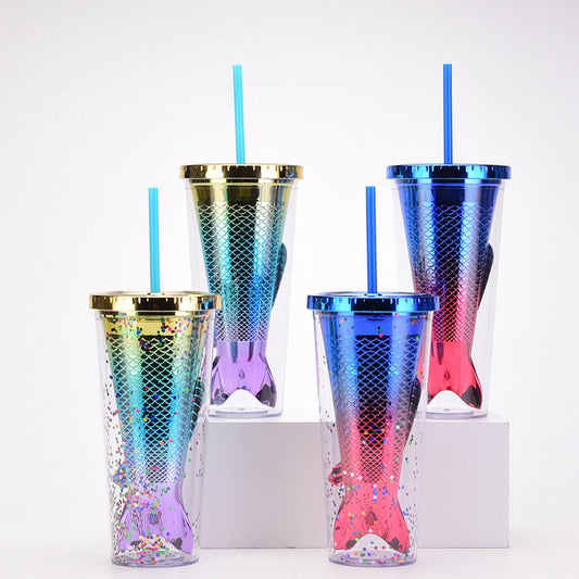 DOUBLE LAYER GRADIENT MERMAID TAIL WATER CUP