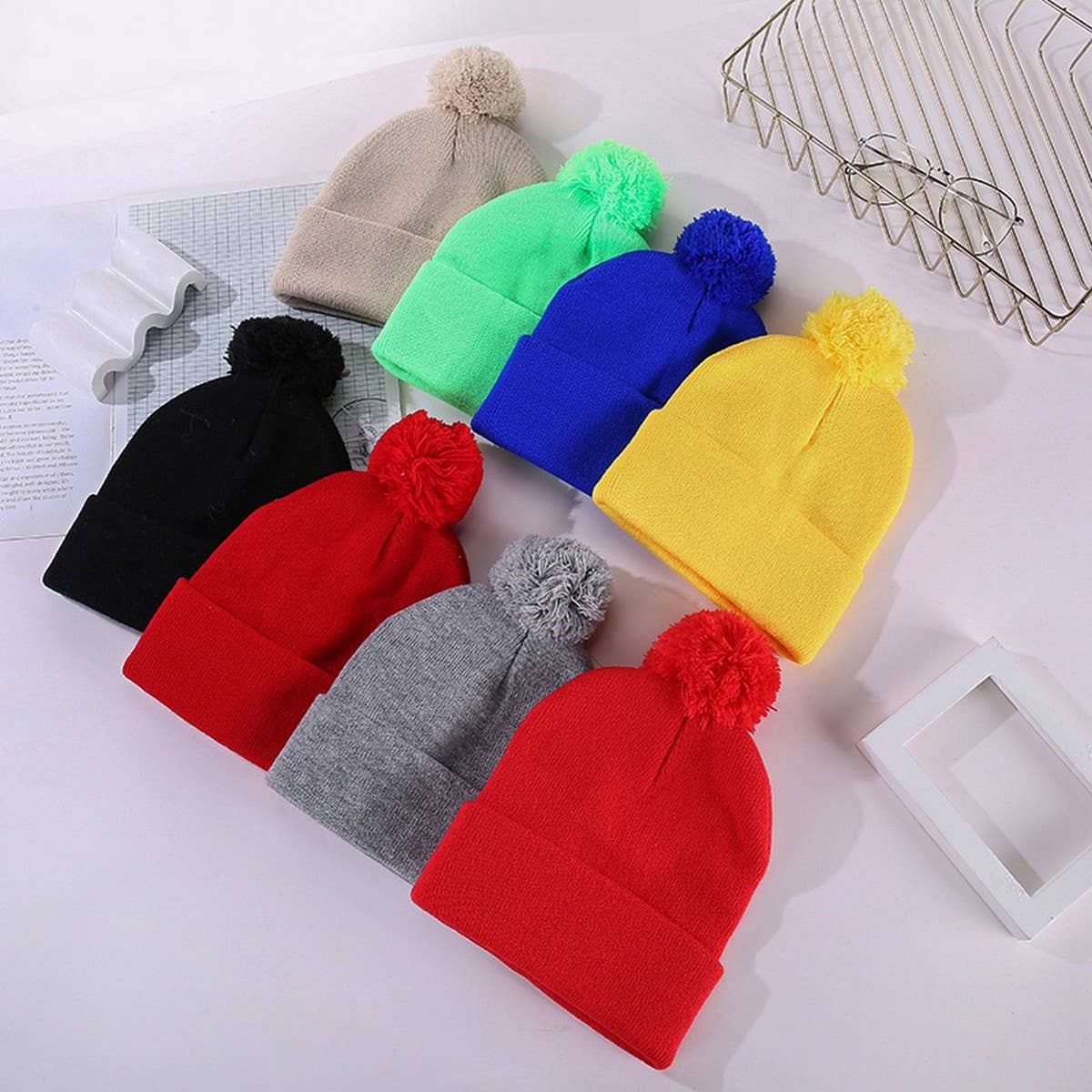 CWMS02753_SOLID COLOR KNIT BEANIE HAT WITH POM POM