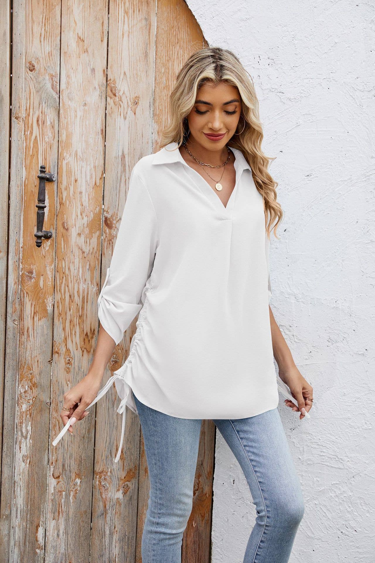 Solid-color loose mid-sleeved chiffon shirt