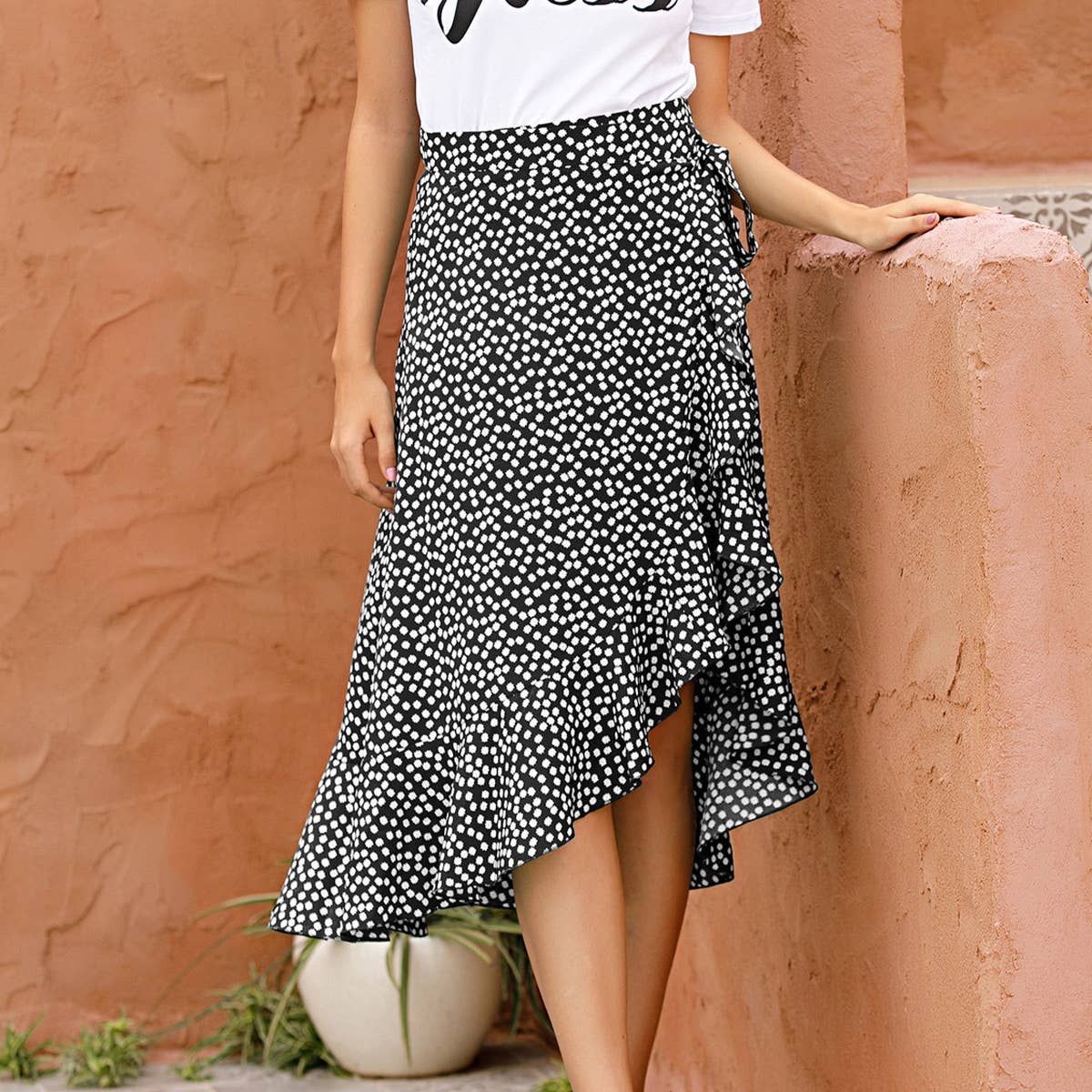 POLKA DOT WRAPAROUND IRREGULAR SKIRT