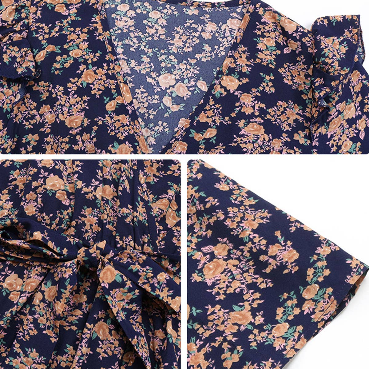 Ruffled long-sleeved printed V-neck dress