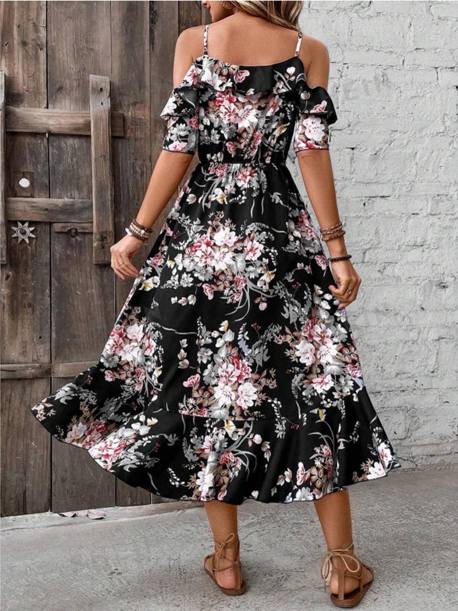 Holiday casual shoulder print skirt dress