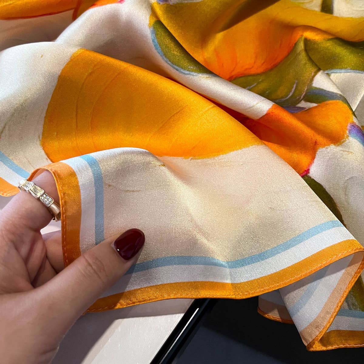 Silk Ribbon Scarf - Orange Floral Long Neck Wrap