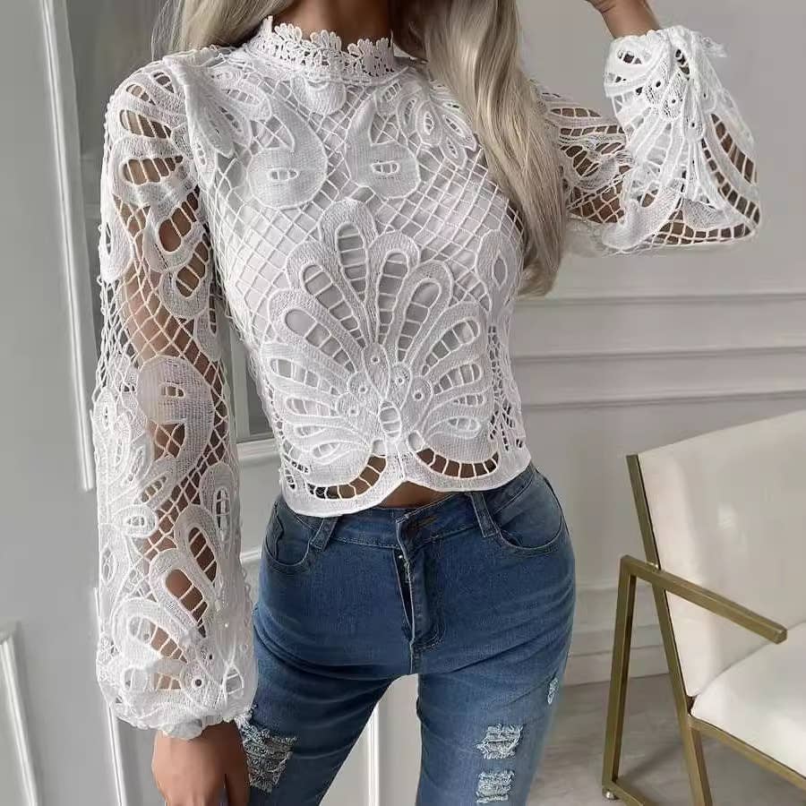 SEXY LACE CUTOUT LACE SOLID COLOR FASHION SHIRT