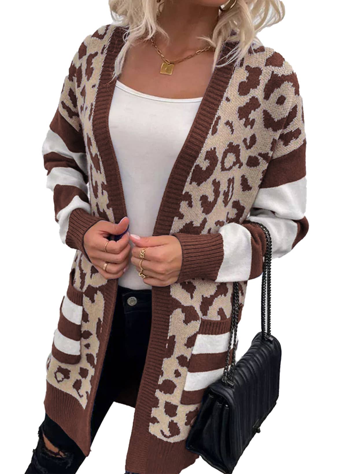 Women's mid-length leopard print cardigan coat