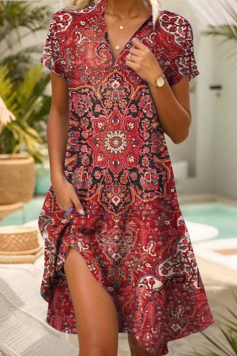 CWDSD8670_NEW SUMMER V-NECK BOHEMIAN PRINT DRESS