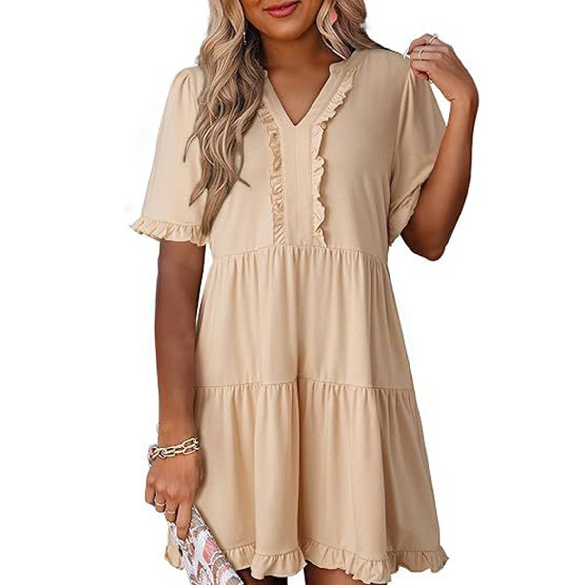 V-neck short-sleeved black eared pocket dress