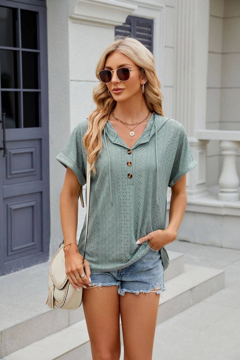 CWOHOS0015_Button Neck Short Sleeve Hoodi Knit Top