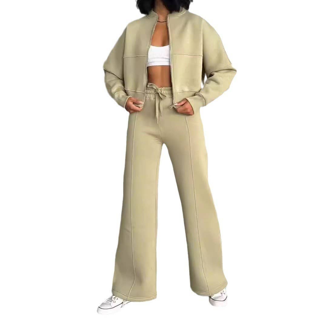 Two-piece set of zippered cardigan and trousers