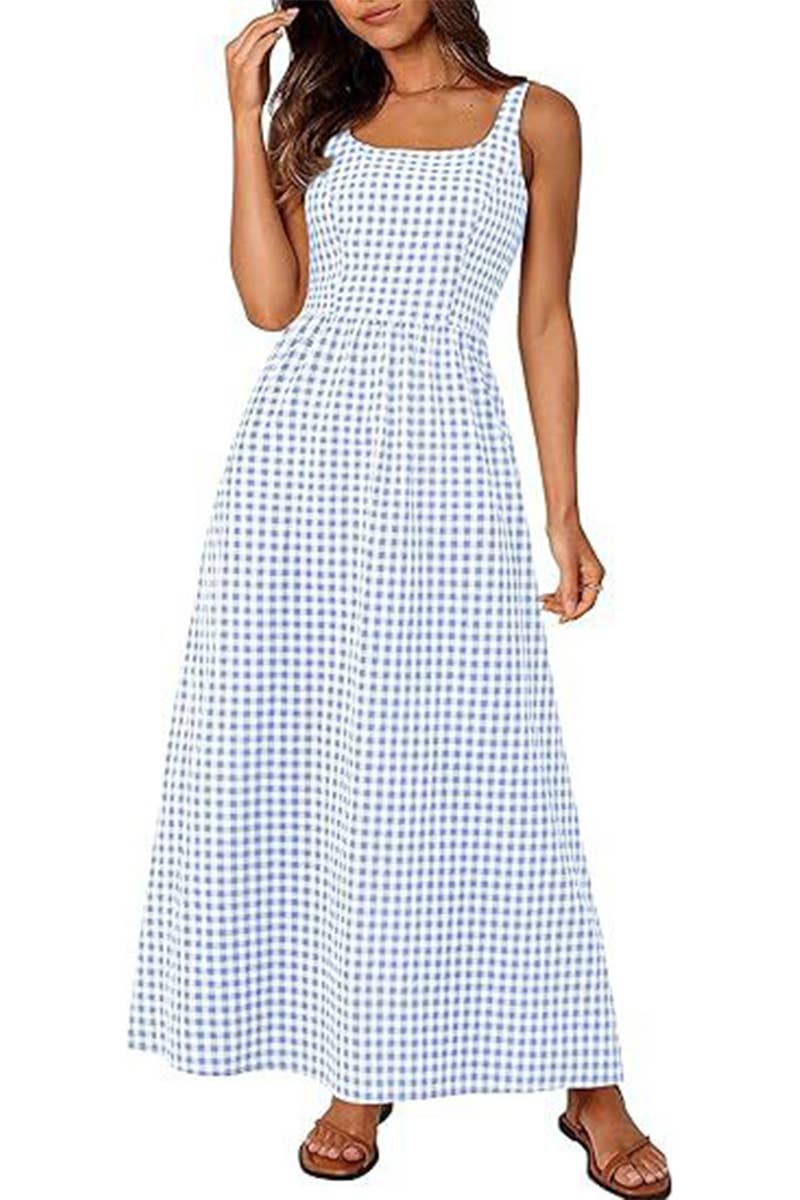 CWDHL1084_SPAGHETTI STRAP SQUARE NECK PLAID SHIRRED DRESS