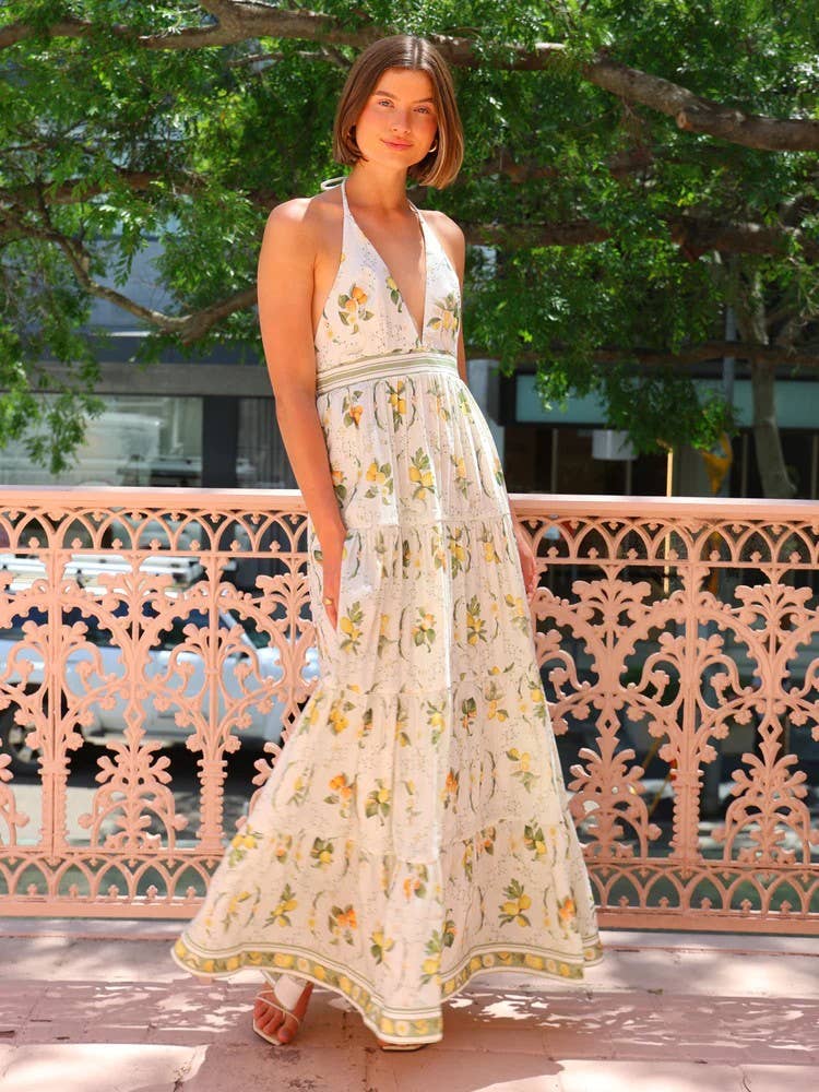 Sweet dress with halter neck and deep V-neck