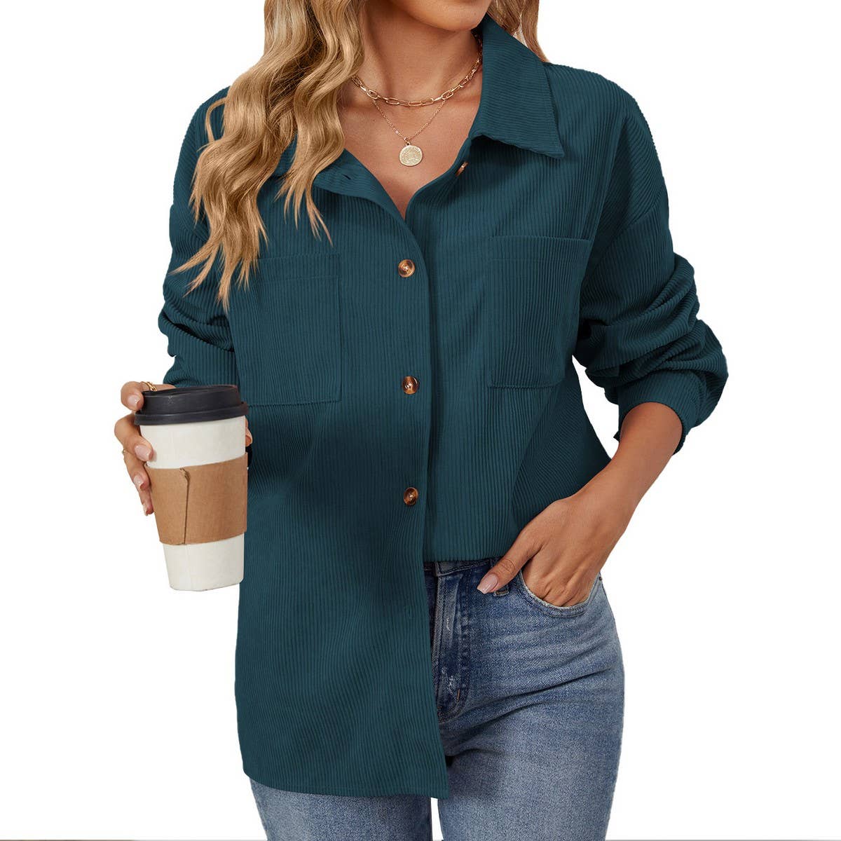 Lapel button solid color patchwork shirt jacket