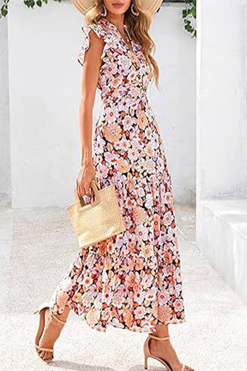 CWDMD6342_V-NECK PLEATED FLYING SLEEVES PRINTED MIDI DRESS