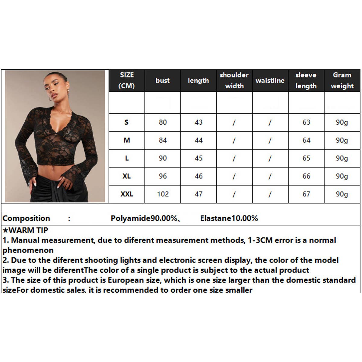 Transparent lace V-neck tight flared top