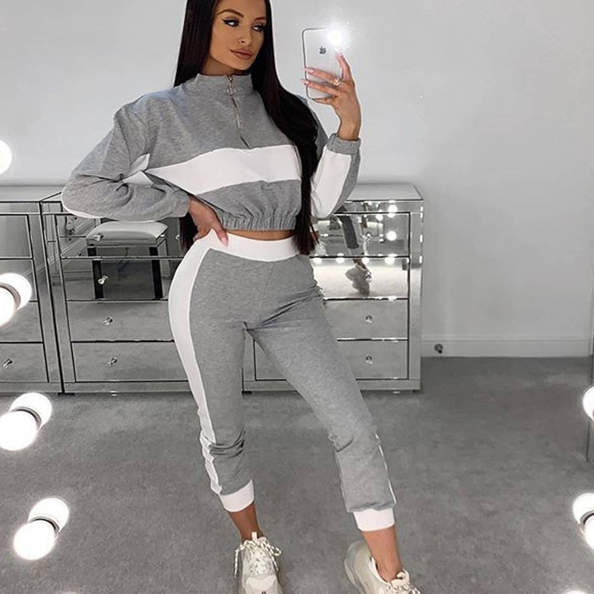 Fashion match color long sleeve trousers suit