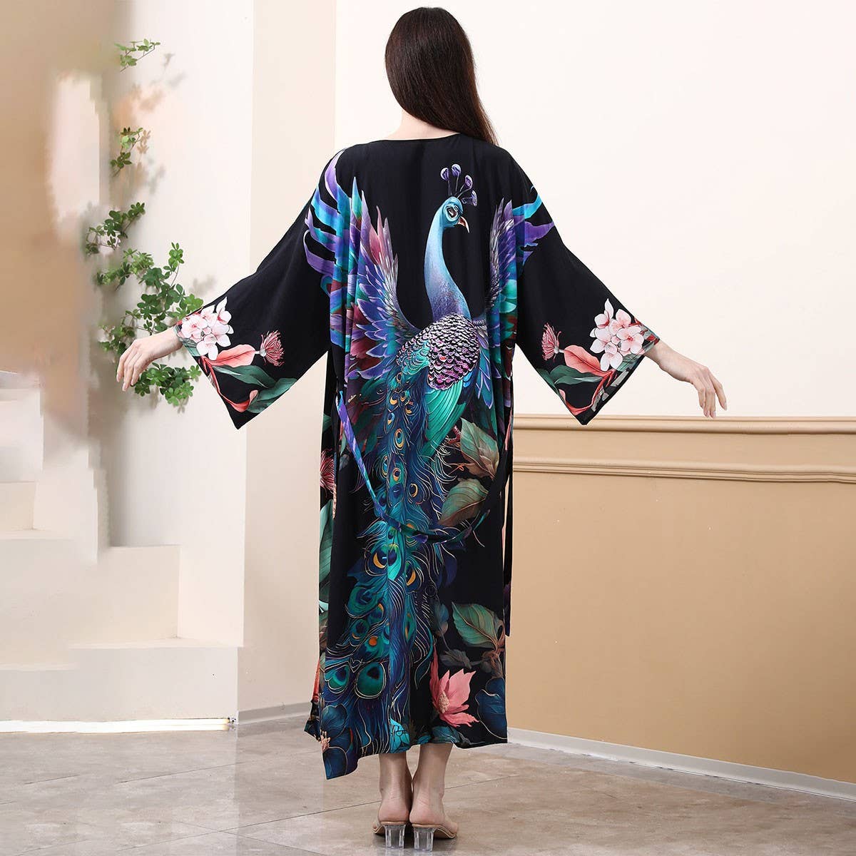 Peacock Print Rayon Beach Cover-Up Cardigan_CWMM6312