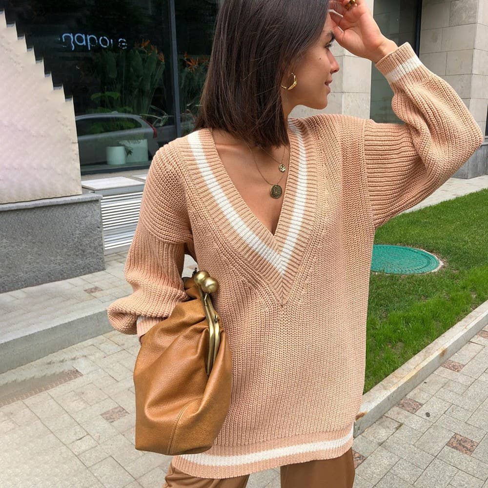Fashion color-blocking patchwork knitted sweater