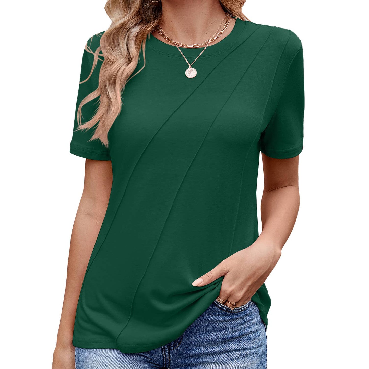 Solid color baggy crew neck short-sleeved T-shirt
