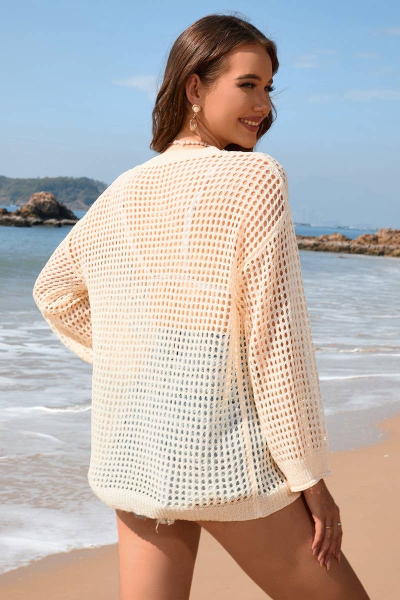 CWOSWL2078_Round Neck Long Sleeve Bikini Cover Ups