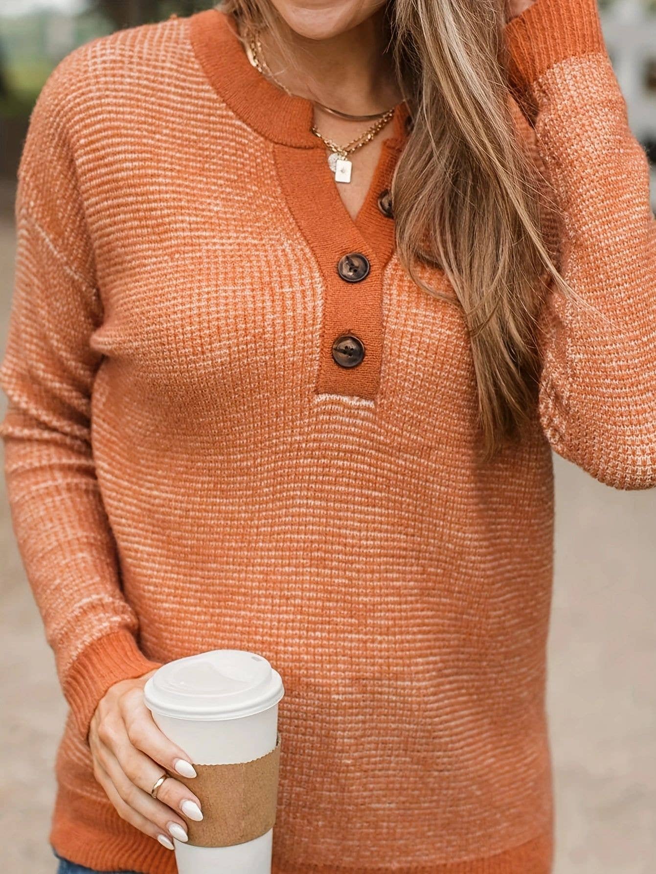 Solid-color loose knitted V-neck button sweater