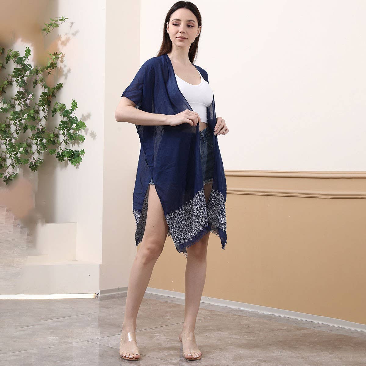 Embroidered Split Hem Cover-Up Beach Cardigan