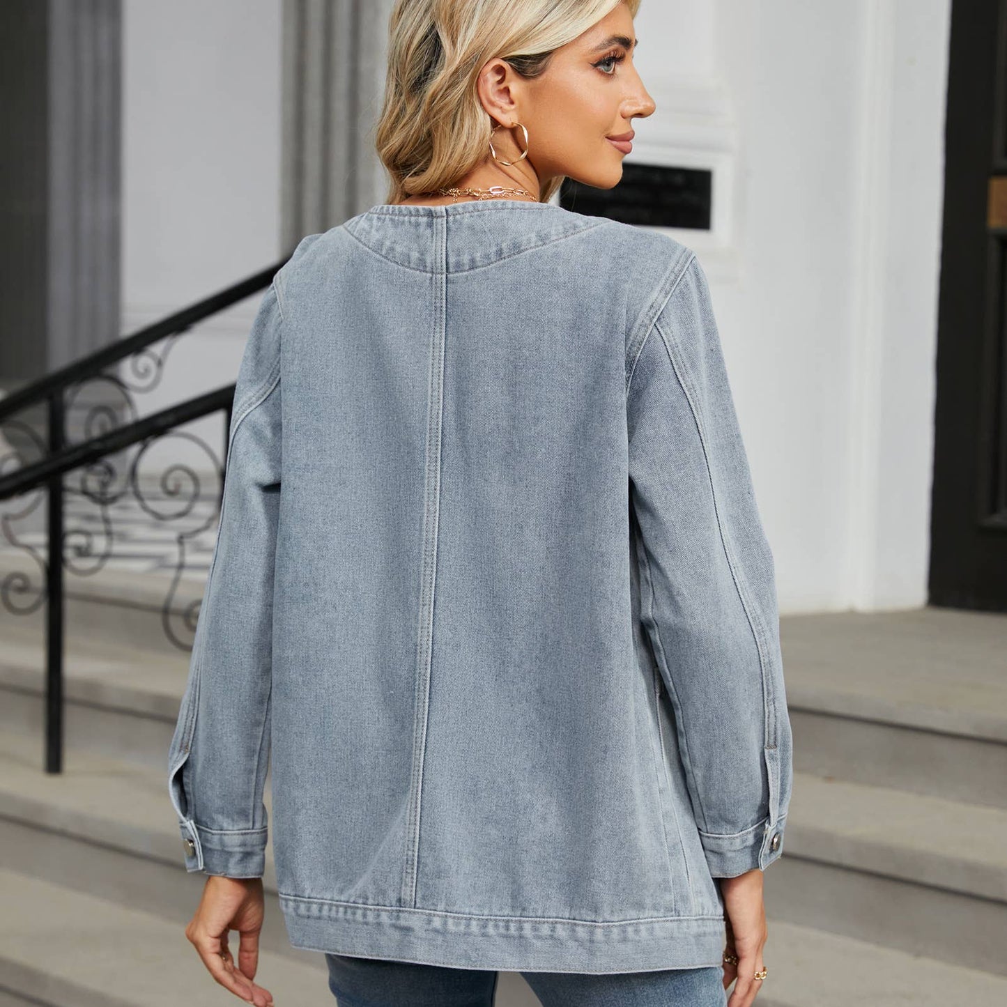 WASHED LONG SLEEVE V-NECK DENIM COAT TOP
