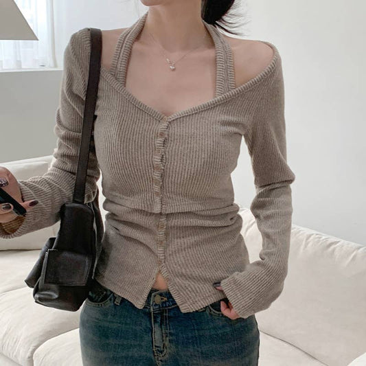 SLIM SOLID COLOR U-NECK HALTER TWO-PIECE JACKET