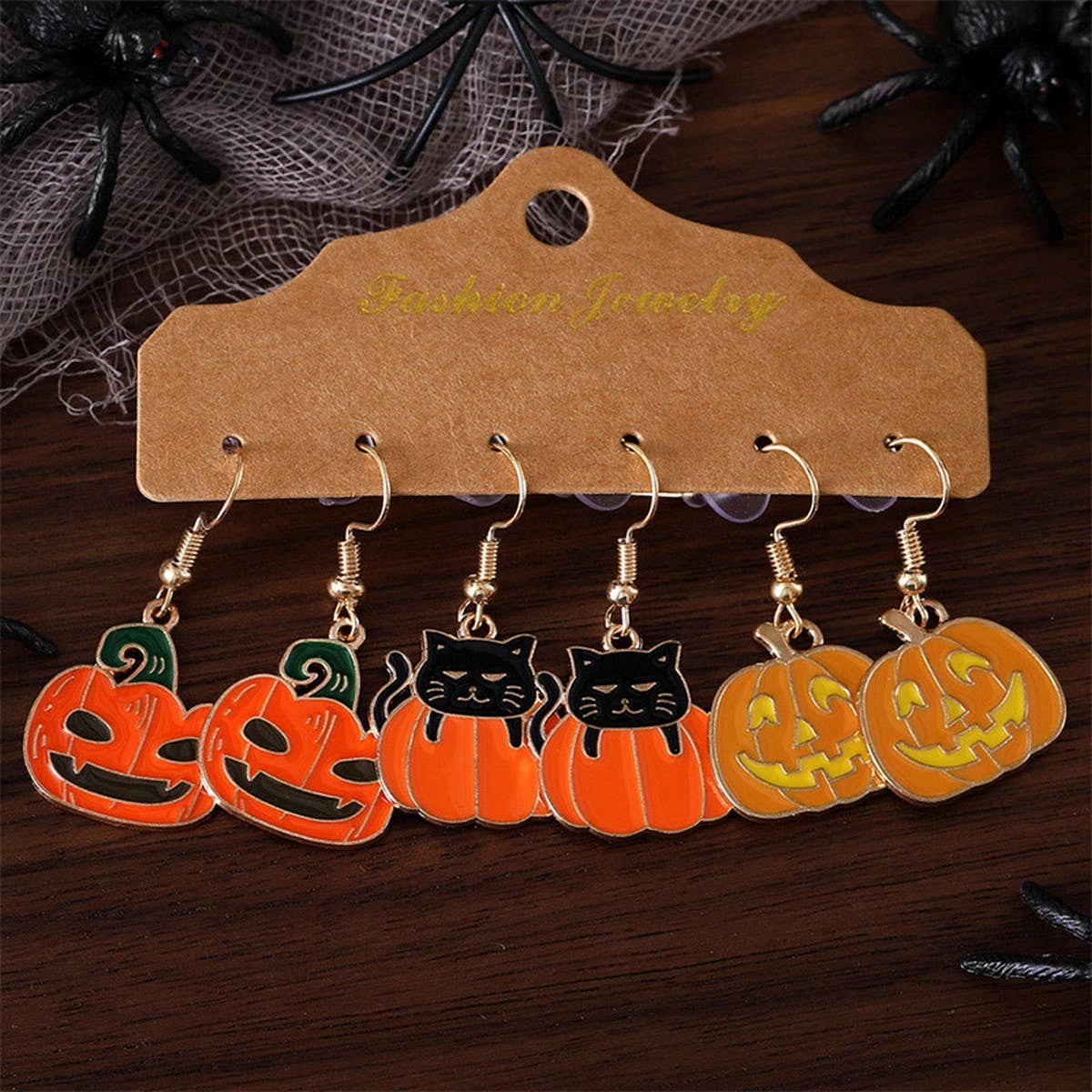 HALLOWEEN PUMPKIN BLACK CAT PENDANT EARRINGS