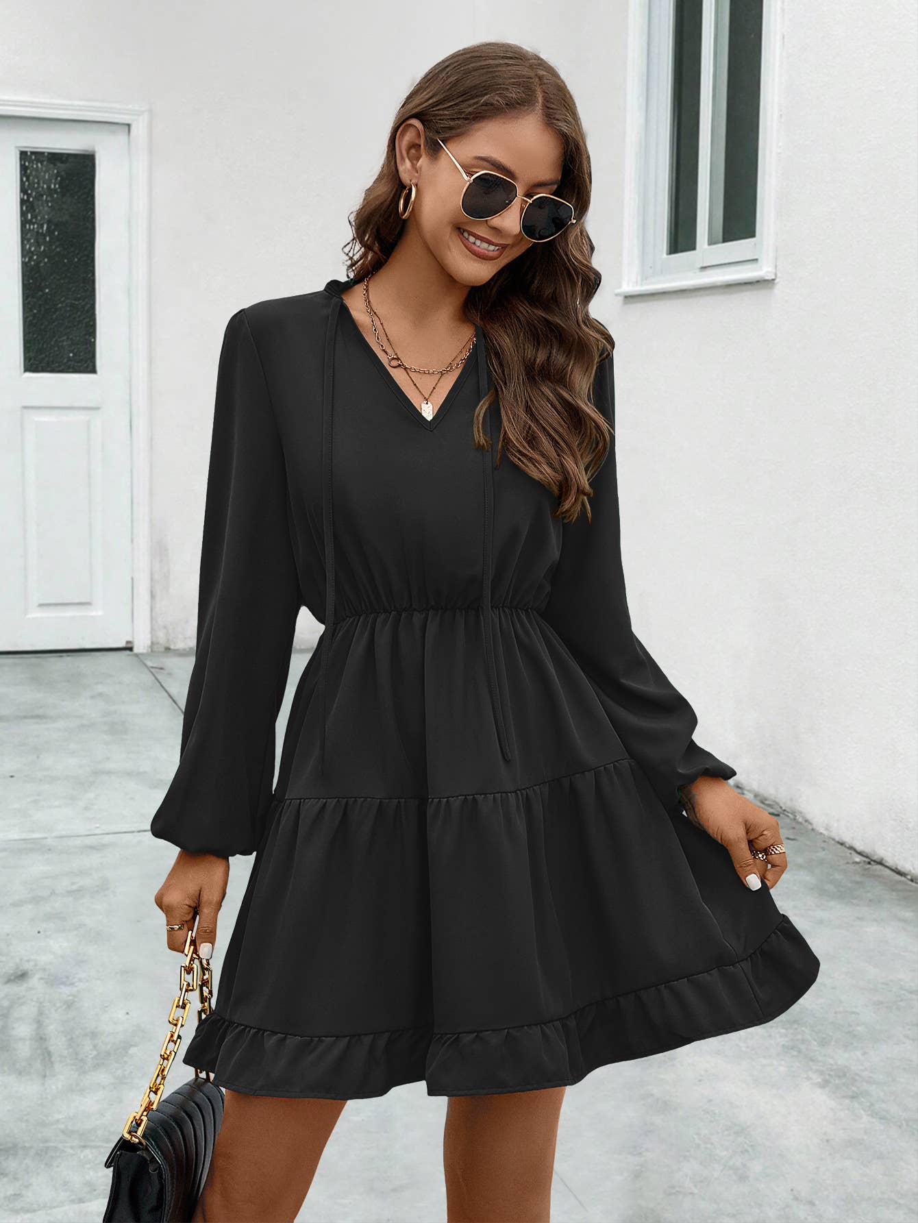 V-NECK LACE-UP DRESS WITH LONG SLEEVES
