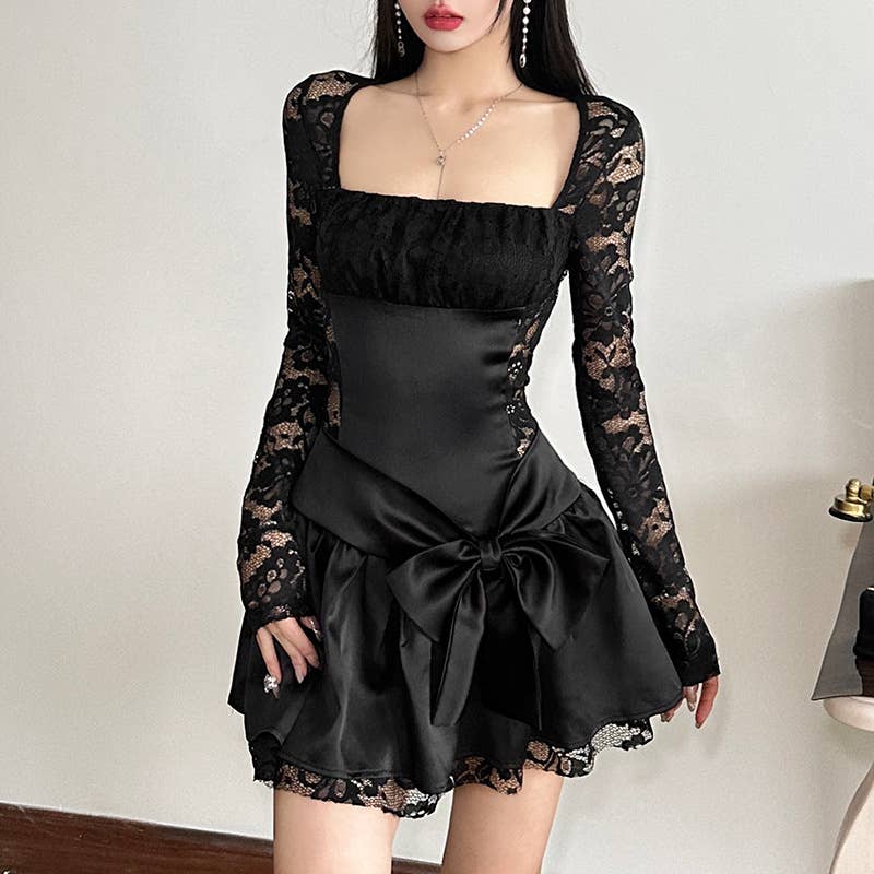 LACE PATCHWORK PLEATED BOW SQUARE COLLAR DRESS